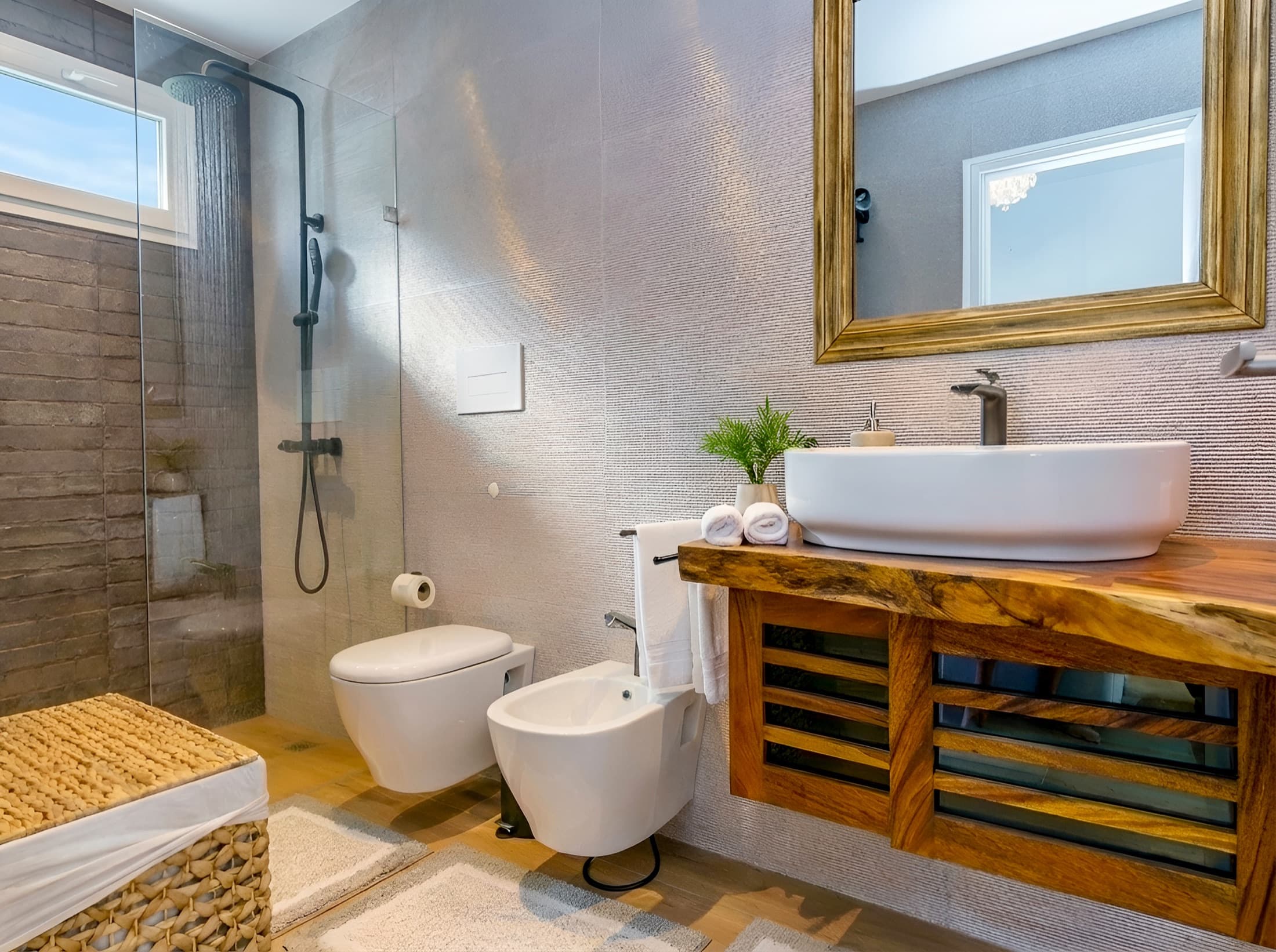 Designer bathroom with marble finishes