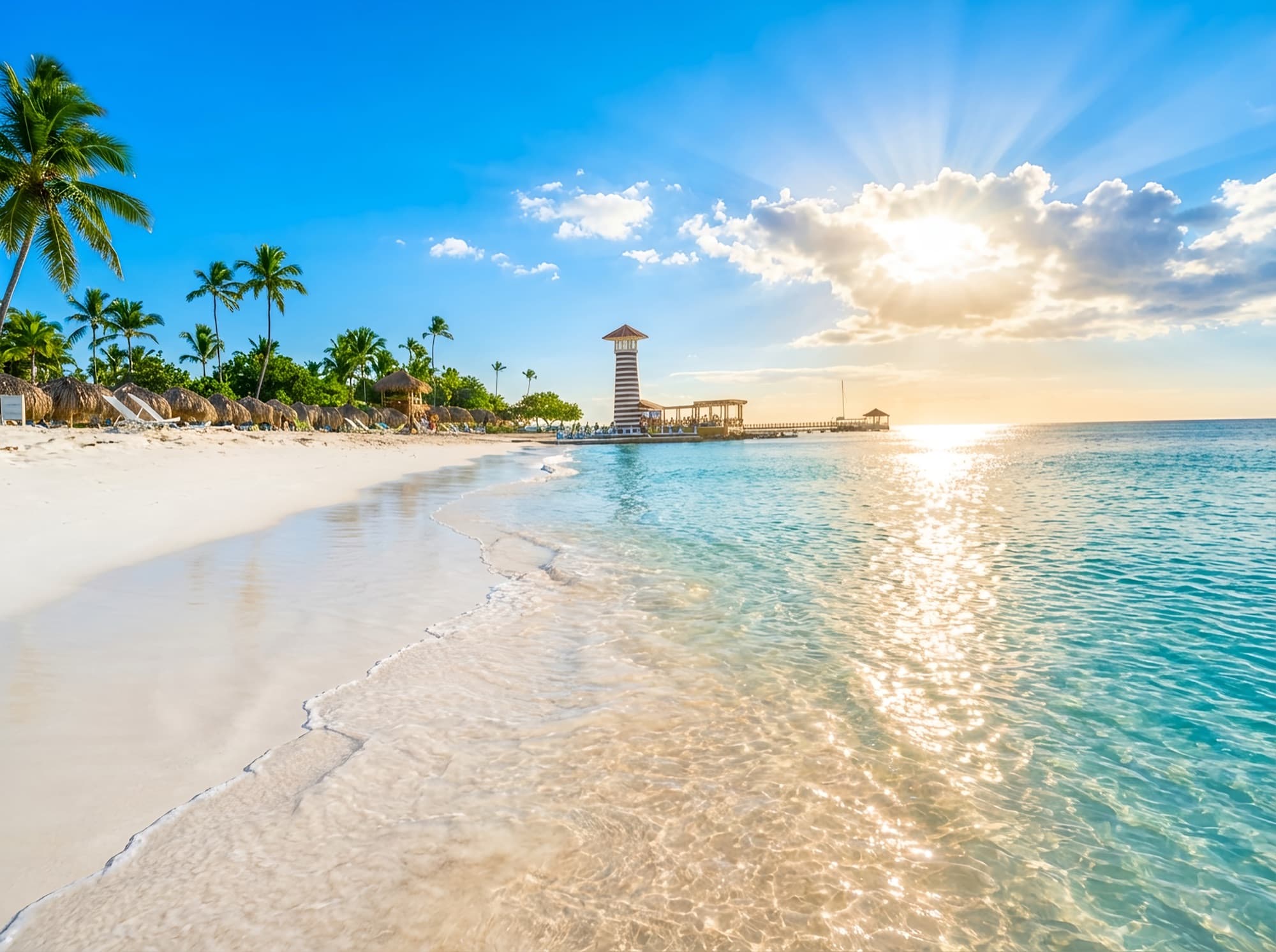 Dominicus beach lighthouse pier at golden hour, near Villa Bella