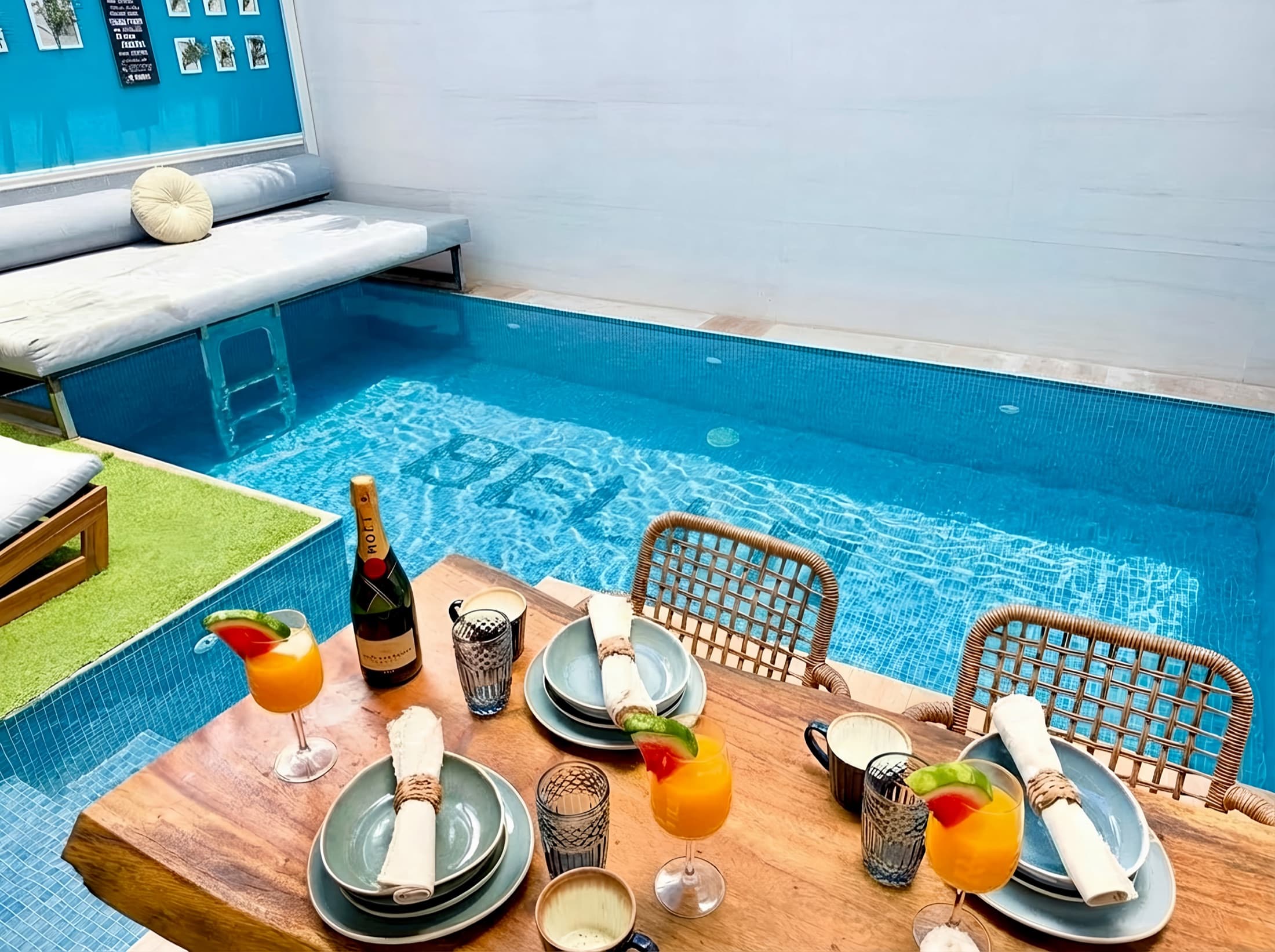 Private terrace and pool at dusk