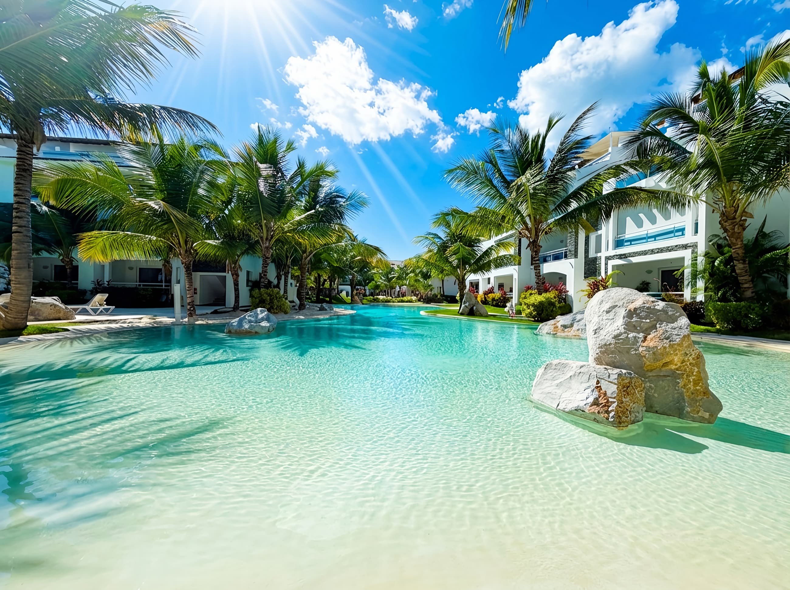 Sunlit saltwater pools framed by palms at Estrella Dominicus